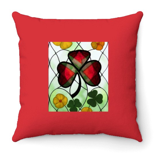 Red plaid Shamrock with Yellow Poppies (AI Art) Throw Pillows