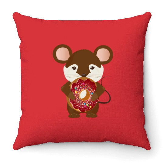 cute brown mouse with delicious donut Throw Pillows