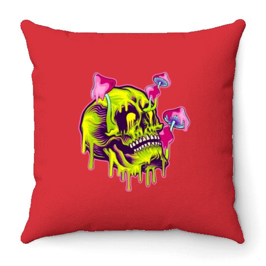 trippy mushrooms, skull mushrooms Throw Pillows