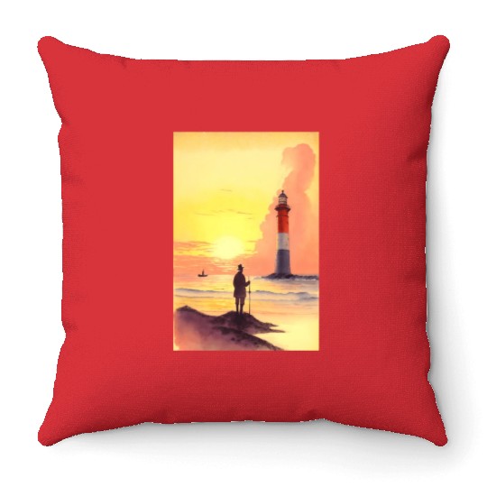 Serene Sunrise Beach Scene with Lighthouse and Fis Throw Pillows