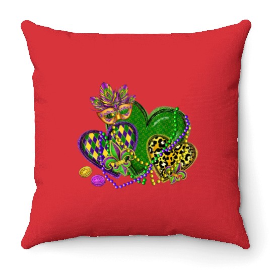 Mardi Gras Hearts Leopard Print Fleur de lis Symbo Throw Pillows