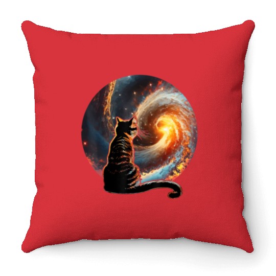 Cat Staring at a Galaxy Cat Dad Cat Lover Throw Pillows