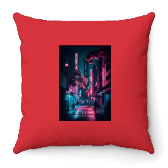 Tokyo Japan Japanese Aesthetic Graphic Night Scene Throw Pillows