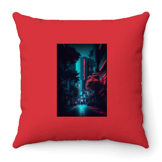 Tokyo Japan Japanese Aesthetic Graphic Night Scene Throw Pillows