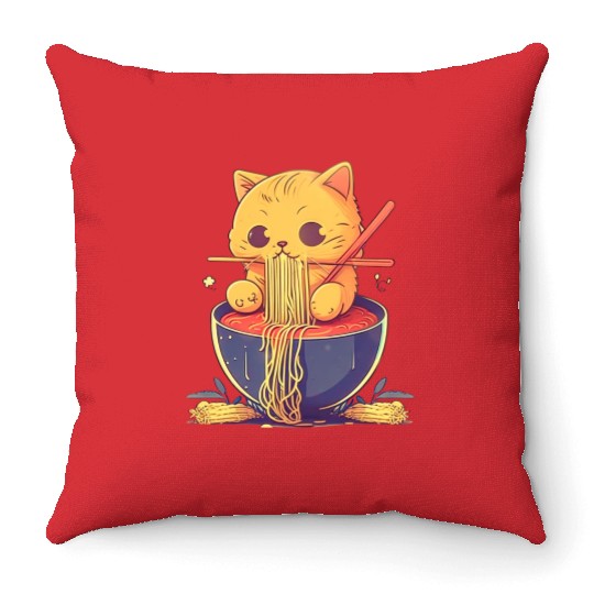 Cute Cat Eating Ramen Noodle Japanese Culture Throw Pillows