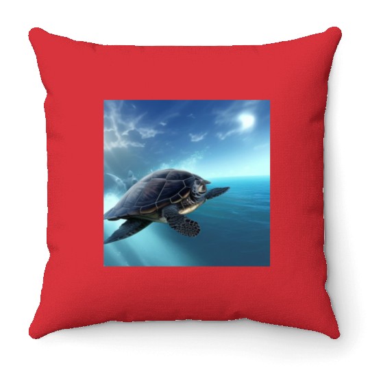 Turtle swimming in the blue ocean print Throw Pillows