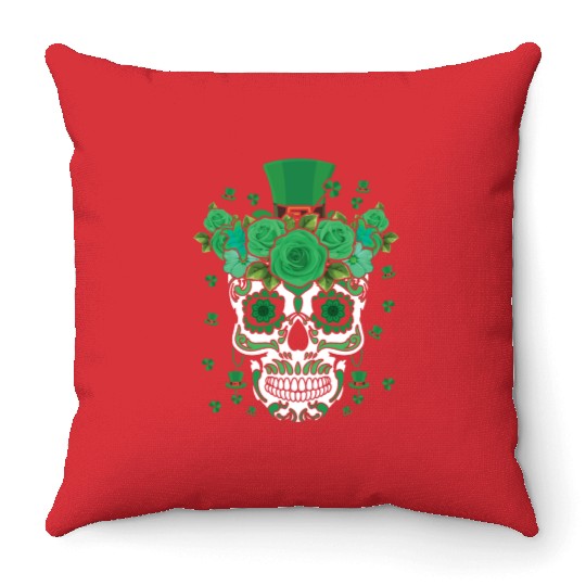 St Patty's Day Dia De Los Muertos Irish Flower Throw Pillows