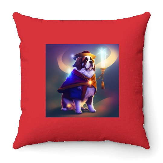 Saint Bernard Dog as a Wizard Throw Pillows