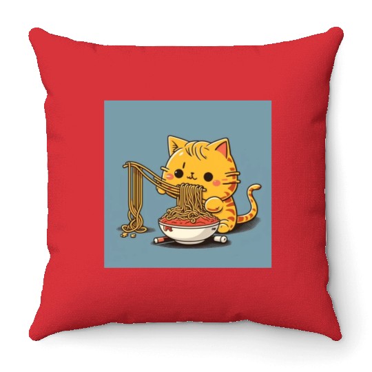 Japanese cat eating spaghetti Throw Pillows