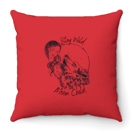 Stay Wild Moon Child Wolf Howling at Moon Goddess Throw Pillows