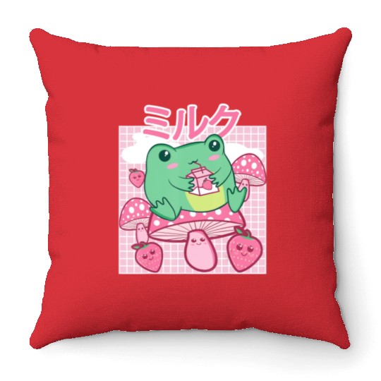 Cottagecore Aesthetic Kawaii Frog Drinking Japanes Throw Pillows