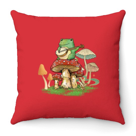 Frog Playing Instrument On Mushroom Throw Pillows