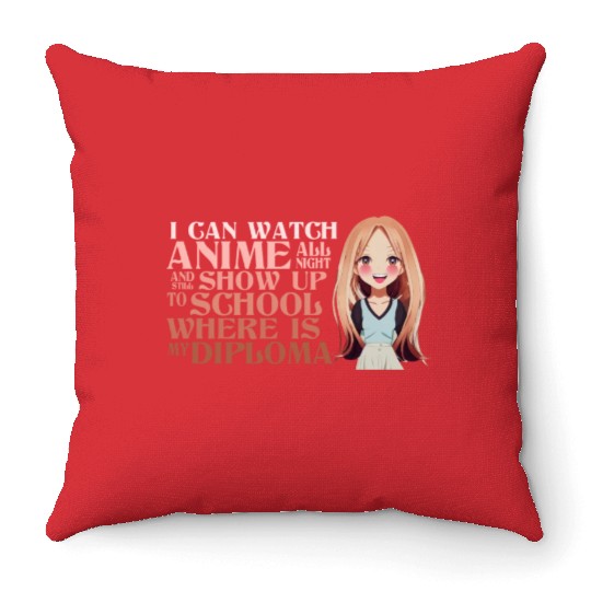 Watch Anime All Night Funny Graduate Diploma Schoo Throw Pillows
