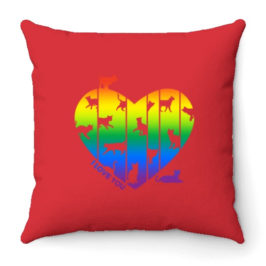 Rainbow Heart and Funny Cats. Cats are in my Heart Throw Pillows