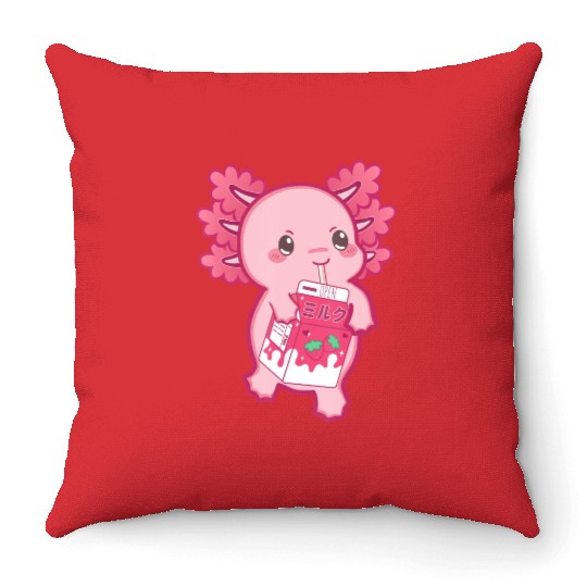 Kawaii Axolotl Strawberry Milk Teen Girl Kids Japa Throw Pillows