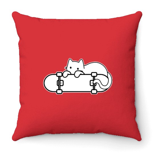 Shy Cat Behind Skateboard Throw Pillows