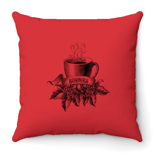 Death Before Decaf Line Art Throw Pillows