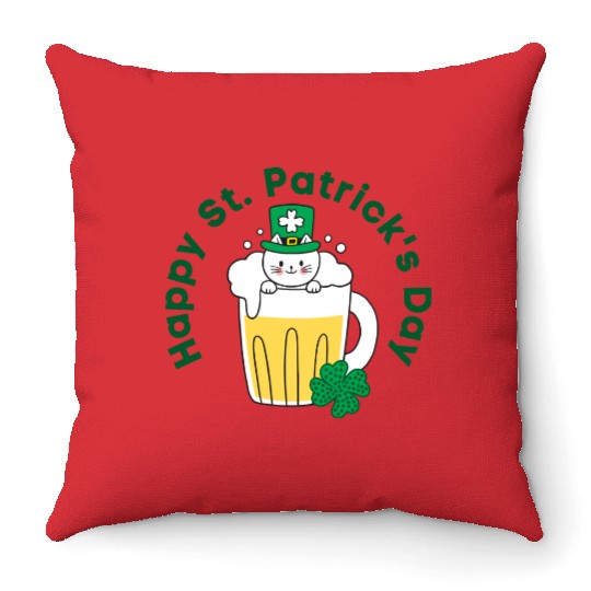 Happy St. Patrick’s Day Irish Funny Beer Cat Lover Throw Pillows