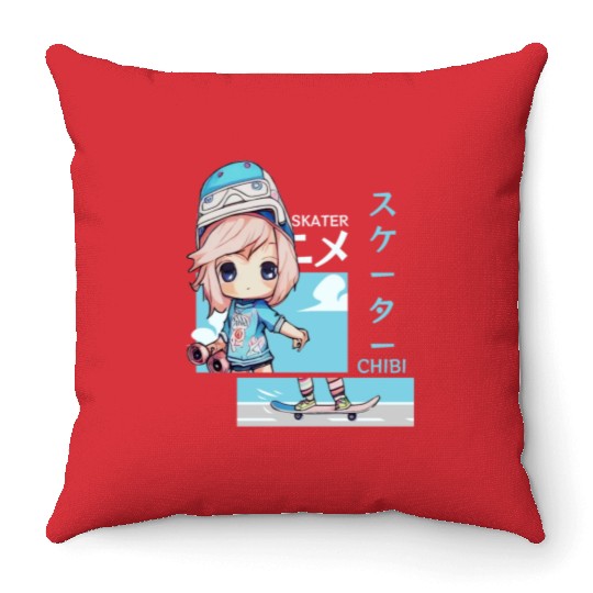 Kawaii Chibi Skater Skateboard Japanese Aesthetic Throw Pillows