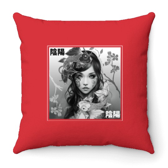Yin Yang Koi Fish Gothic Emo Japanese Cherry Bloss Throw Pillows
