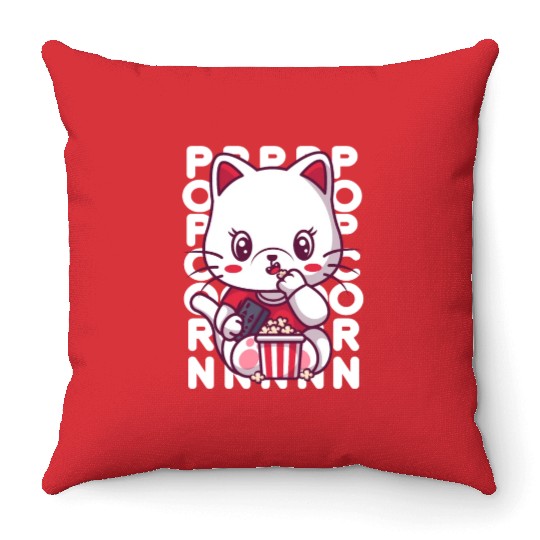 Cat Eating Popcorn Throw Pillows