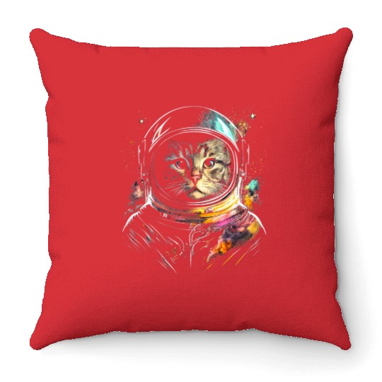 Space Cat on Galaxy Cat Lover Throw Pillows