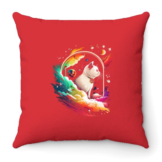 Space Cat on Galaxy Cat Lover Throw Pillows