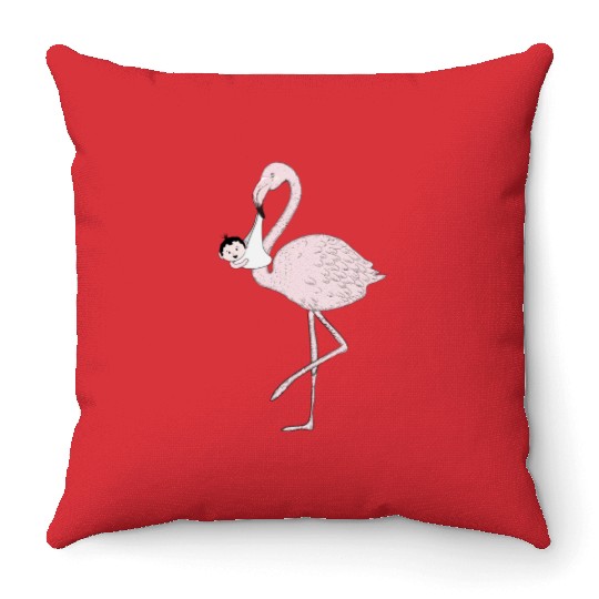 Flamingo brings the baby instead of the stork Throw Pillows