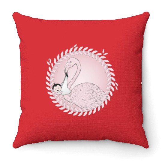 Flamingo brings the baby instead of the stork Throw Pillows