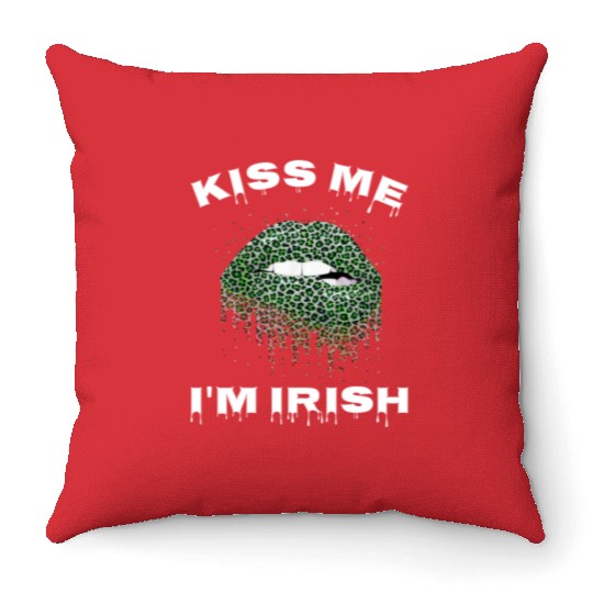 Kiss Me I m Irish Leopard Lips Clover Throw Pillows
