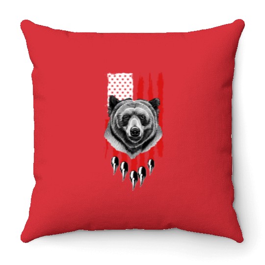 American US Flag Claw Grizzly Bear Hunting Patriot Throw Pillows