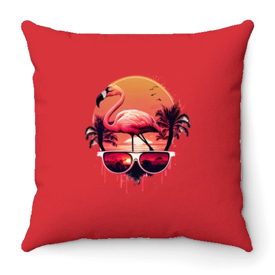 Retro Sunset Pink Flamingo Summer Design Flamingo Throw Pillows