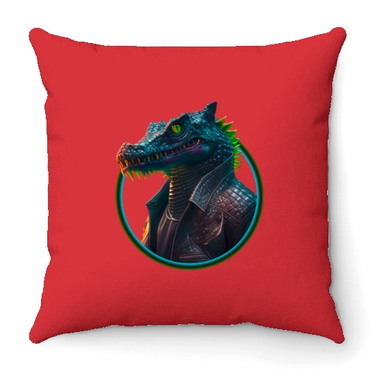 Neon punk crocodile in leather jacket Throw Pillows