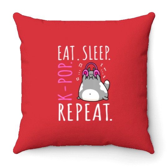 Eat Sleep K Pop Repeat Kawaii Cat Listening Music Throw Pillows