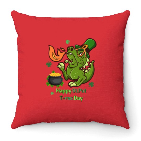 Kids Happy St Pat Trex Day Dino St Patricks Day Throw Pillows