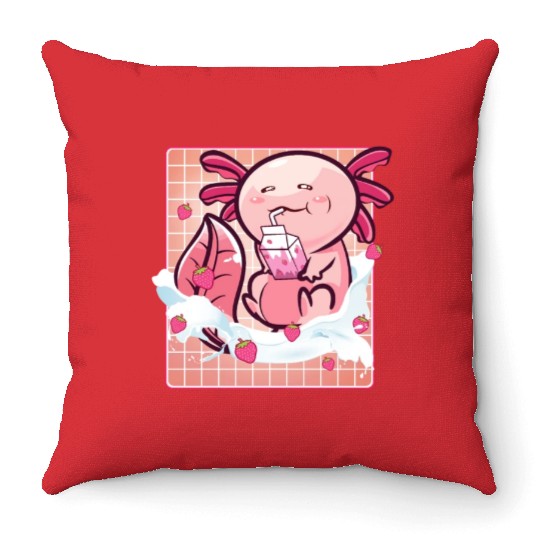 Kawaii Axolotl Strawberry Milk Shake Funny Sushi Throw Pillows