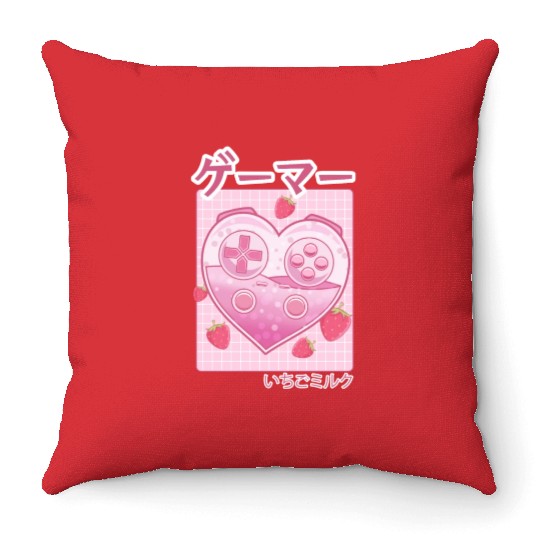 Video Gamer Japanese Kawaii Strawberry Milk Anime Throw Pillows