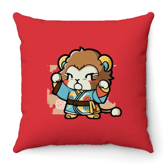 lion in kimono Throw Pillows