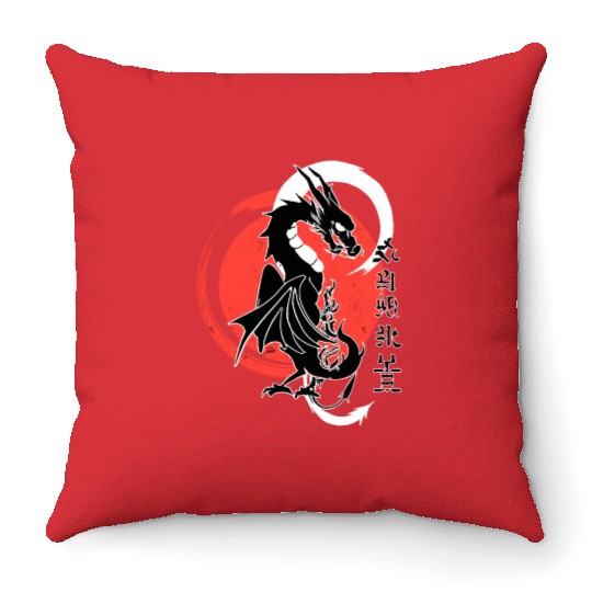 Black dragon, red moon Throw Pillows