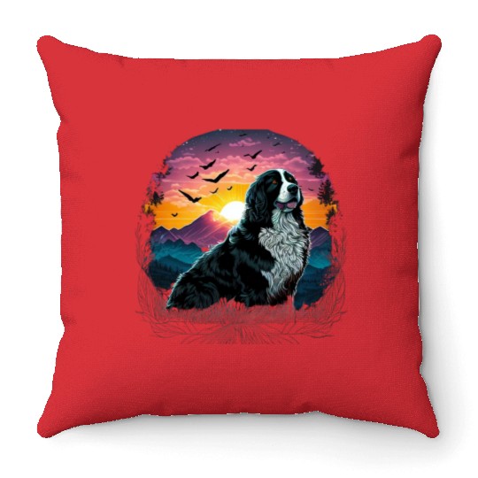 Bernese Mountain Dog with Mountain Sunrise view Throw Pillows