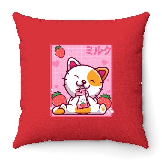 Kawaii Kitten Cute Cat Strawberry Milk Shake Throw Pillows