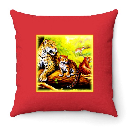Jaguar Mom and Cubs Relaxing in Jungle. Buy Now Throw Pillows