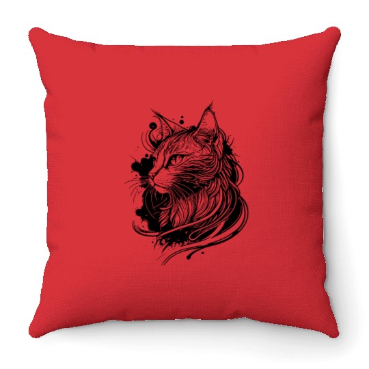 Cute Space Cat In Tattoo Style Throw Pillows