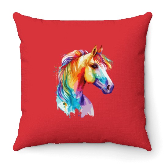 Watercolor Horse Pony Colorful Pet Ponys Lover Throw Pillows