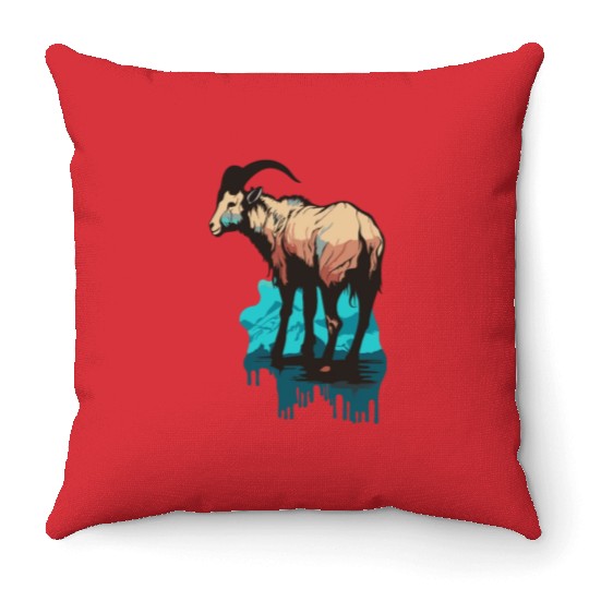 a mountain goat lives in the mountains Throw Pillows