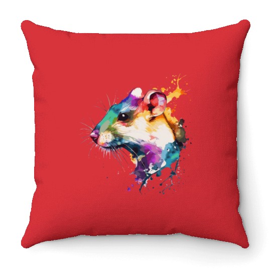 Watercolor Rat Cute Colorful Pet Rat Rodent Lover Throw Pillows