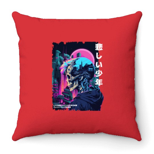 Edgy Gothic Skull Anime Sad Boy Japanese Futurism Throw Pillows