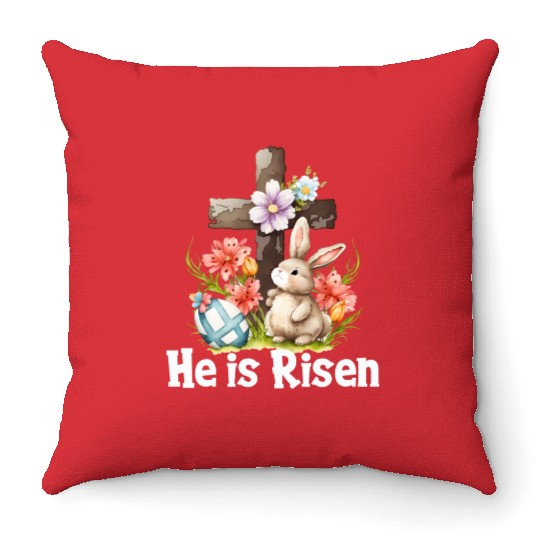 He Is Risen Cute Bunny Christianity Cross Throw Pillows