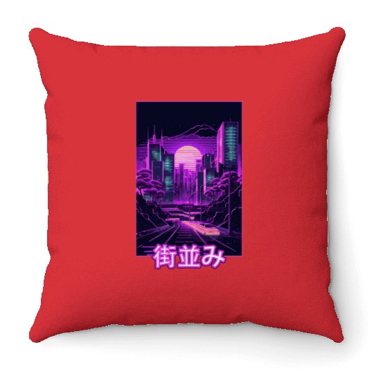 Japanese Tokyo City Vaporwave Aesthetic Retro Synt Throw Pillows