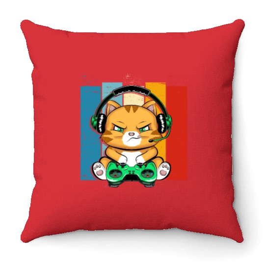 Funny Cat Gaming Cat Lover Kawaii Video Games Throw Pillows